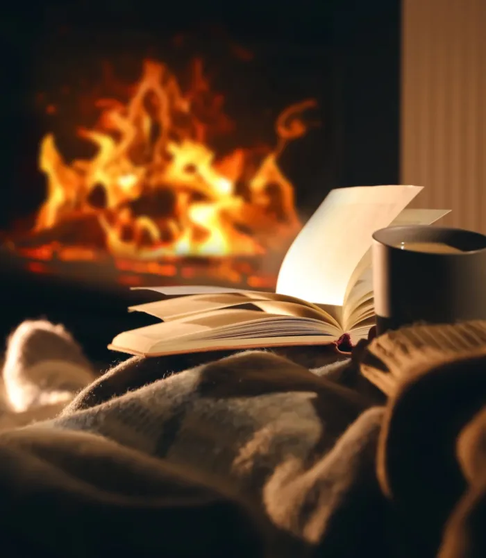 Woman,With,Cup,Of,Drink,And,Book,Near,Fireplace,At Woman,With,Cup,Of,Drink,And,Book,Near,Fireplace,At